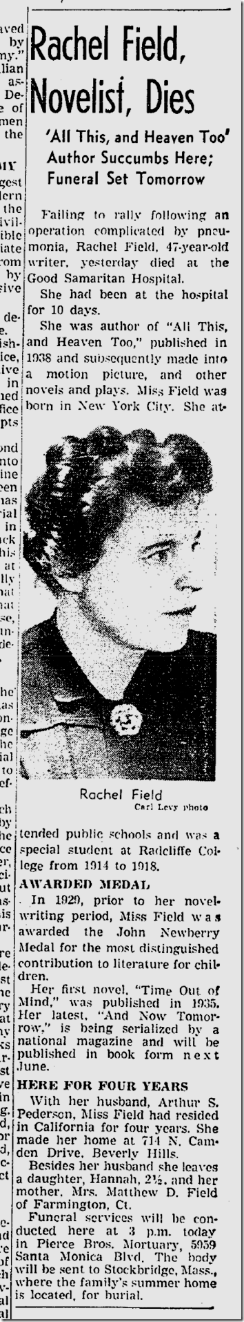 March 16, 1942, Rachel Field Dies 