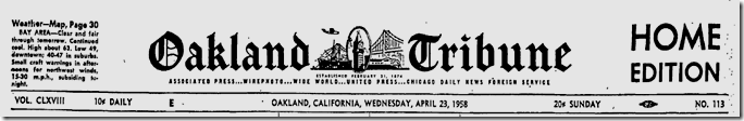 Oakland Tribune, April 23, 1958
