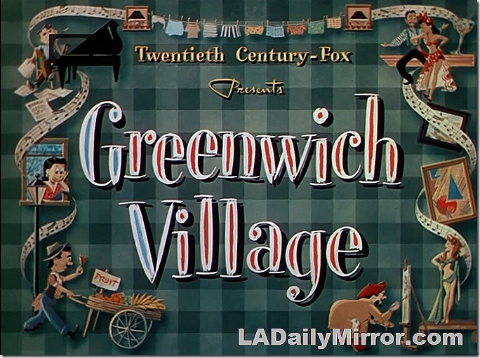 Main title of Greenwich Village. Caricatures of painters, dancers, against a green checkerboard background